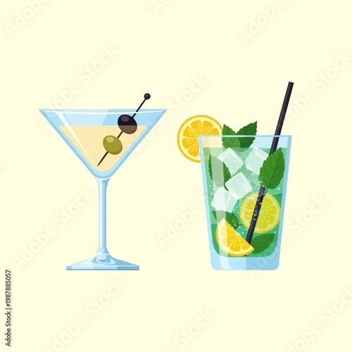 Vector illustration of two popular cocktails: a dry martini with olives in a stemmed glass and a fresh mojito with mint leaves, lemon slices, ice cubes, and a drinking straw on a neutral background.