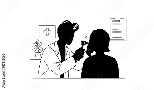 ENT Doctor Cartoon Examining Patient Ear with Otoscope Vector Illustration