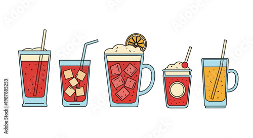 Collection of flat vector illustrations depicting various cold beverages including iced tea with fruit, smoothies with whipped cream, and fruit juices in assorted glassware with straws.