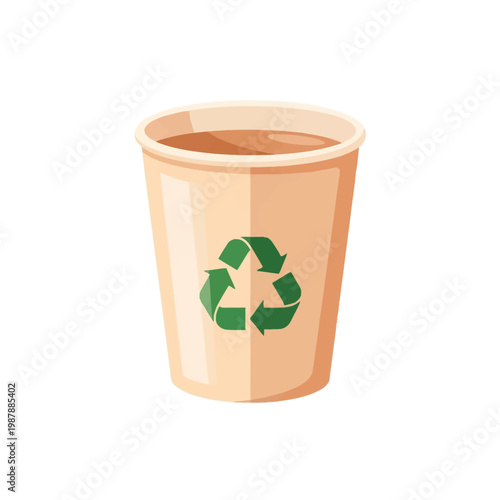 Vector illustration of a light beige disposable paper cup filled with coffee, featuring a green recycling symbol on the front, isolated on a white background for eco-friendly use.
