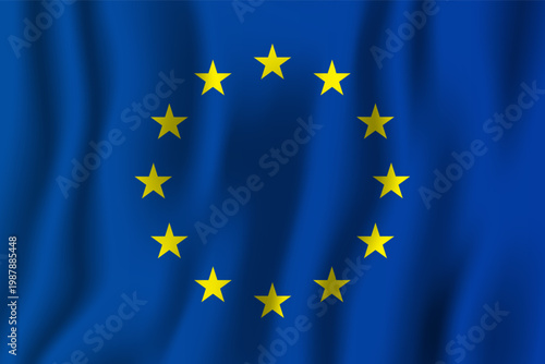 European Union flag with golden stars in circle on blue background.