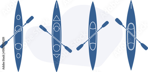Vector set of top view kayak boats with paddles and storage hatches, Silhouette set of adventure rowing gear and aquatic travel icons, Summer illustration design