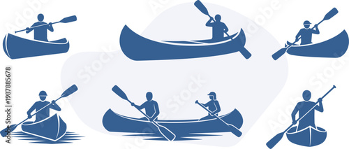 Vector set of blue canoe silhouettes with single paddlers rowing, Silhouette set of lake adventure boats and river travel equipment, Summer illustration design