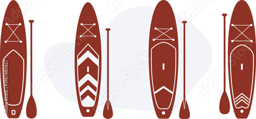 Vector set of brown stand up paddleboards with oars and deck pads, Silhouette set of modern surfing boards and aquatic fitness gear, Summer illustration design