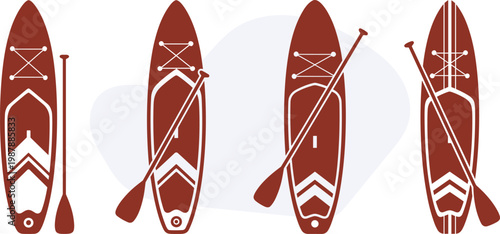 Vector set of paddleboards with diagonal oars and striped deck pads, Silhouette set of balance boards for lake surfing and water sports, Summer illustration design