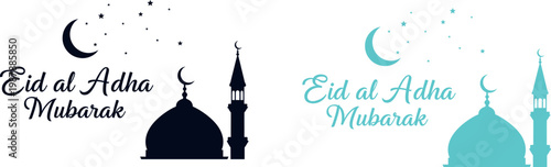 Eid al adha mubarak greeting with crescent moons and mosque silhouettes
