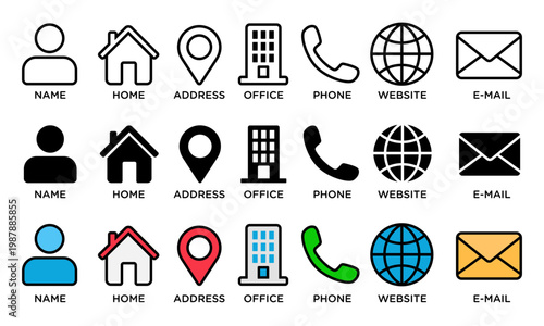 Set of contact icons in different styles name home address phone website.