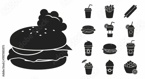 Set of black fast food and beverage silhouette icons including large hamburger, french fries, hot dog, coffee cups with straws, milkshakes with whipped cream, and popcorn bowl.