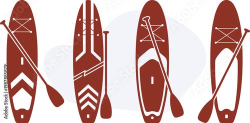 Vector set of brown SUP boards with cross paddles and safety leashes, Silhouette set of inflatable paddleboards and aquatic travel gear, Summer illustration design