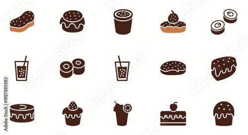 Vector food and drink icon set featuring cupcakes, muffins, donuts, sushi rolls, cold beverages, cake slices, and cookies in a flat chocolate brown solid style on white background.
