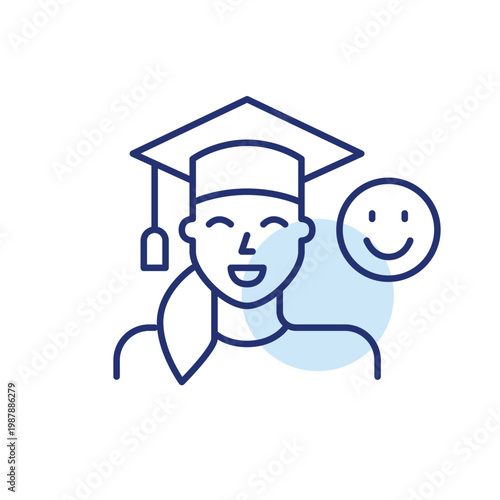 Female graduate in mortar board and smiley face. Education and degree. University satisfaction. Pixel perfect, editable stroke vector icon