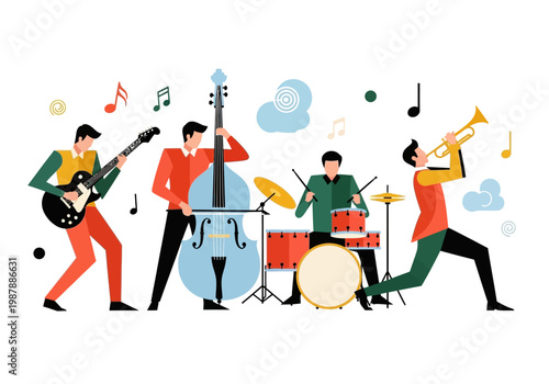Jazz Band Vector Illustration with Musicians Playing Electric Guitar, Double Bass, Drums, and Trumpet