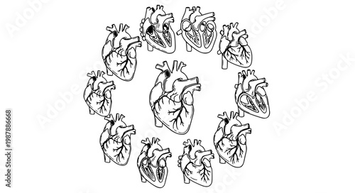 Human Heart Anatomy Black Line Art Set Medical Illustration Vector Diagram Collection