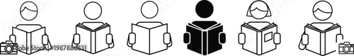 Vector collection of minimalist line icons featuring people reading books and manual guides with camera symbols isolated on white background for educational and photography design