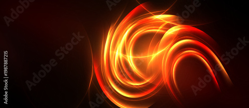 Abstract swirls, vibrant orange hues dominate dark background. Dynamic energy radiates from central focal point. Smooth gradients create depth.