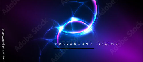 Abstract neon lights form swirling shapes. Dark background emphasizes bright blue, purple glow. Text reads background design.