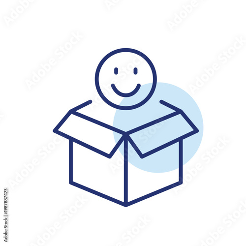Open delivery box and smiley face. Package and shipment, online shopping customer satisfaction. Pixel perfect, editable stroke vector icon