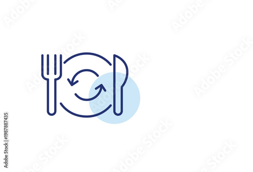 Dish, fork and knife plus renew arrows. Fresh food, menu update. Pixel perfect, editable stroke vector icon