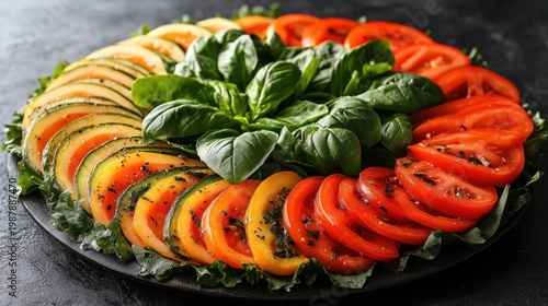 Colorful sliced vegetables arranged in a circular pattern, featuring zucchini, tomatoes, and basil