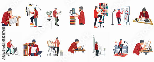 Vector illustrations of a creative professional artist and illustrator working on various digital and traditional projects in a studio setting.