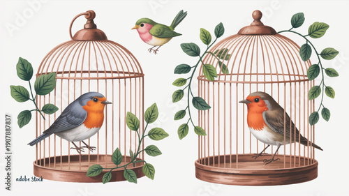 Birds in and out of copper birdcages with green leaves  avian scenes