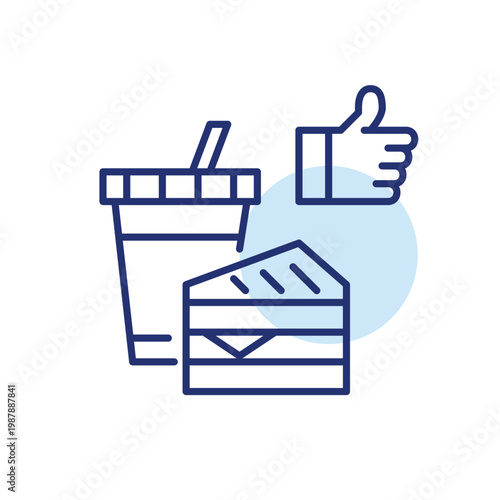 Lunch meal of sandwich, fountain drink and like. Fast food order approval, satisfaction and positive customer feedback. Pixel perfect, editable stroke vector icon