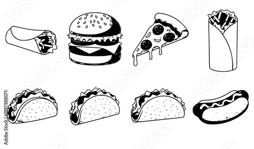 Fast food cartoon icon set burger pizza burrito tacos and hotdog vector isolated on white background