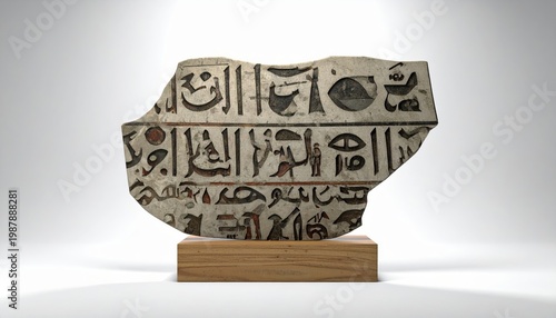 Well preserved pottery shard displaying cursive Egyptian hieratic script on a wooden stand