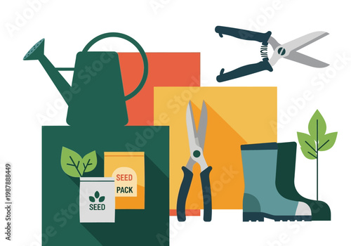 Flat Vector Illustration of Gardening Tools and Supplies including Watering Can, Pruning Shears, and Seeds