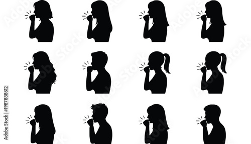 Silhouette of people talking on phone in various poses and hairstyles