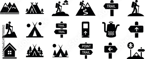 Black and white camping and hiking icon set for outdoor adventures
