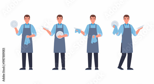 Four cartoon illustrations of a man in an apron washing dishes, holding plates and a blue towel, depicting various stages of kitchen work.