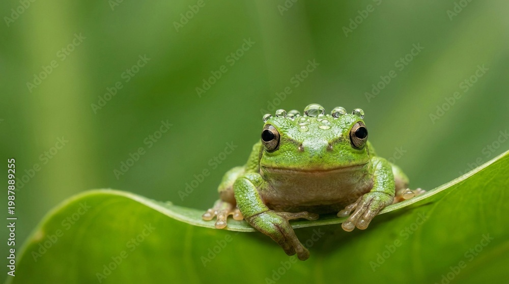 Obraz premium Tiny green frog with water droplets on its head sits on a leaf