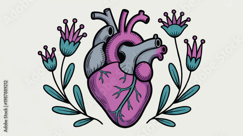 colorful anatomical heart with flowers and leaves