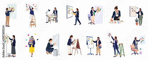 Business Woman Engaged in Various Project Management and Planning Activities Using Sticky Notes and Whiteboards in a Modern Office Setting.