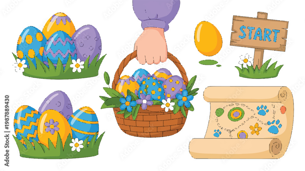 Fototapeta premium Colorful Easter eggs and basket with flowers and scroll on white