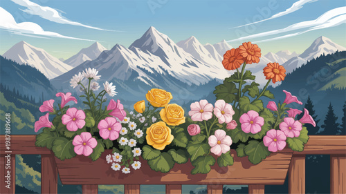colorful flowers in a wooden planter on a balcony with a mountain range in the background