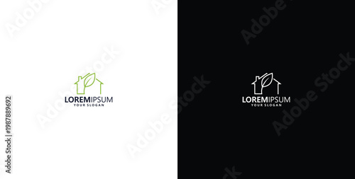 house line art icon design logo, with leaves, tree