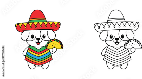 Cute Kawaii Dog Wearing Sombrero and Poncho Holding a Taco Illustration with Coloring Page for Kids, Mexican Fiesta Cartoon Vector Character Art