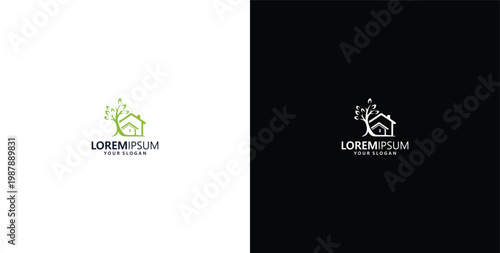 house line art icon design logo, with leaves, tree