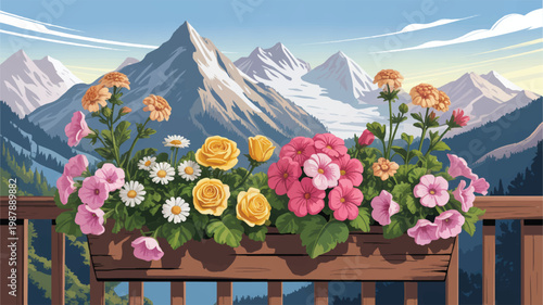 colorful flowers in a wooden planter box on a balcony with a scenic mountain view