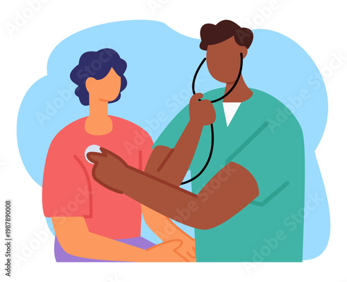 Flat illustration doctor examining patient with sphygmomanometer in clinic health. man doctor examining a patient in a clinic. doctor examining patient using stethoscope