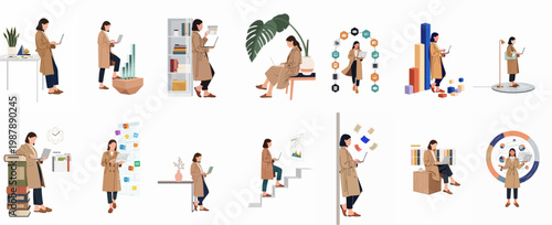 Set of illustrations depicting a professional woman in a trench coat working on a laptop in various office, data, and business-related scenarios.