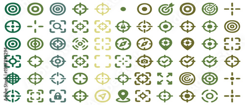 Aim target icon set. Gun target, focus, sniper, shoot, retile, sharpshooter, crosshair symbol on white background.