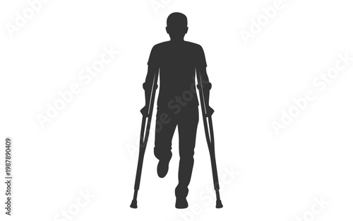 Injured man walking with crutches silhouette vector illustration.