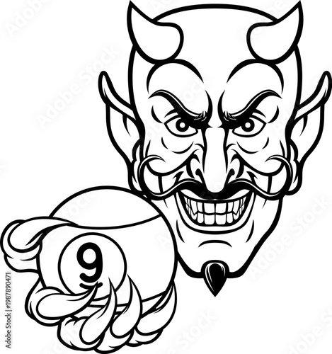 Devil nine ball pool billiards sports mascot holding a 9 ball cartoon illustration