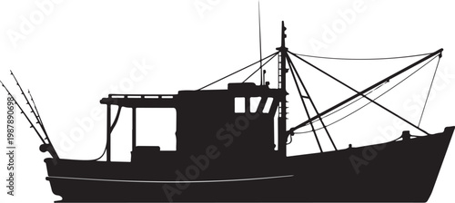 Fishing boat silhouette, black vector graphic, nautical icon, maritime symbol