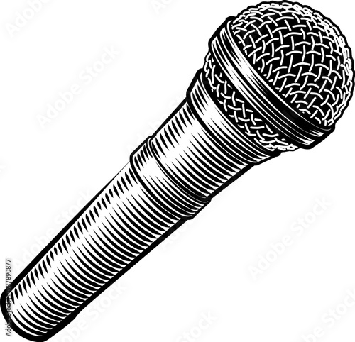 A microphone, mike or mic drawing in the style of a vintage etching or engraving woodcut illustration