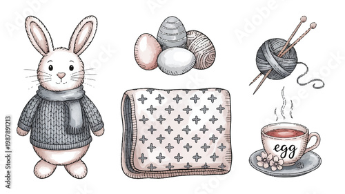 Easter bunny in sweater with eggs blanket and tea cup