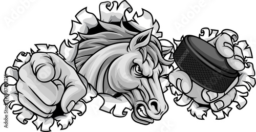 Horse mustang bronco stallion ice hockey angry sports team mascot holding a puck.